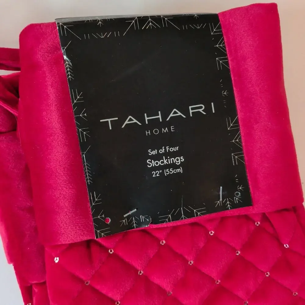 NWT Tahari Set of 4 22in Red Velvet Quilted Christmas Stockings Sequins